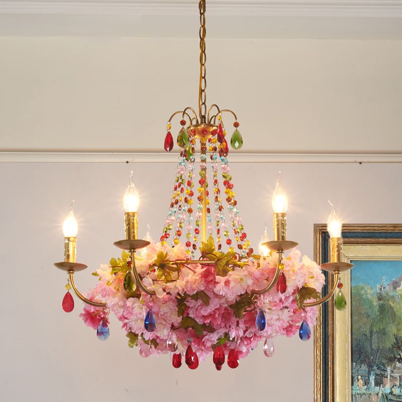 Candlestick Restaurant Hanging Chandelier Antique Iron 6/12 Lights Gold Flower Pendant with Colorful Crystal