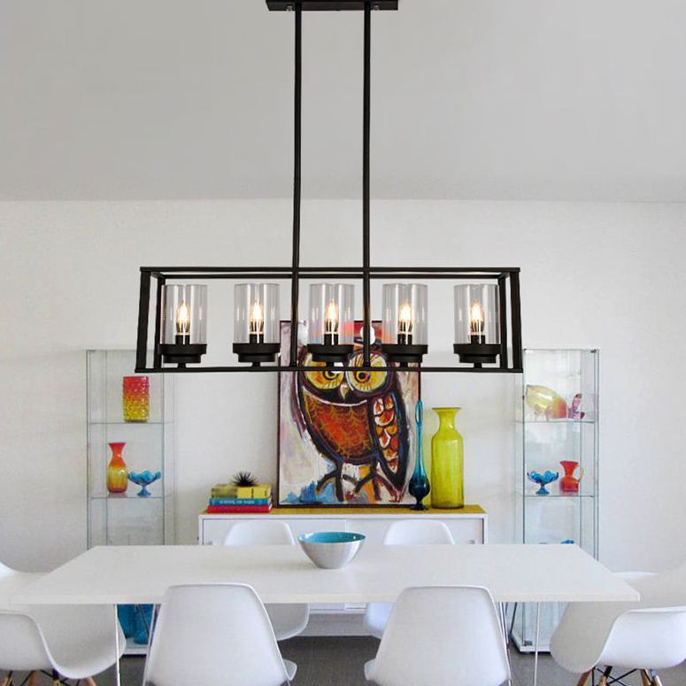 5 Lights Candlestick Shape Island Light with Clear Glass Shade Rectangular Wrought Iron Cage Industrial Style Hanging Pendant