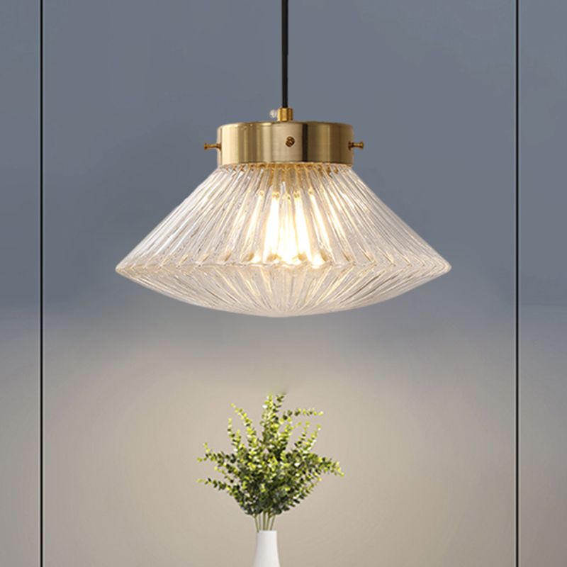 Postmodern 1 Head Drop Pendant Brass Conical Hanging Light Fixture with Clear Ribbed Glass Shade