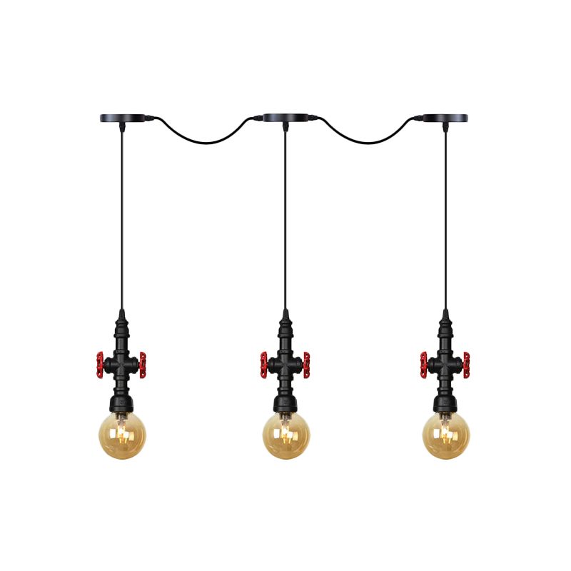 Antiqued Sphere Multi Light Chandelier 3/5/7-Bulb Amber Glass Tandem LED Suspension Pendant in Black