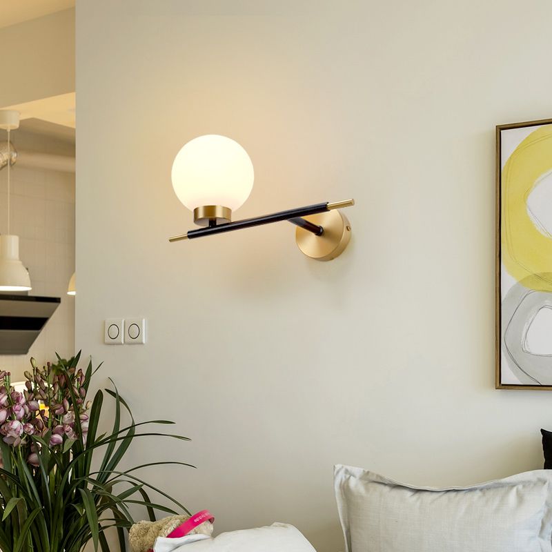 Left/Right Sphere Wall Sconce Post-Modern White Glass 1/2 Bulbs Brass Finish Wall Light Fixture