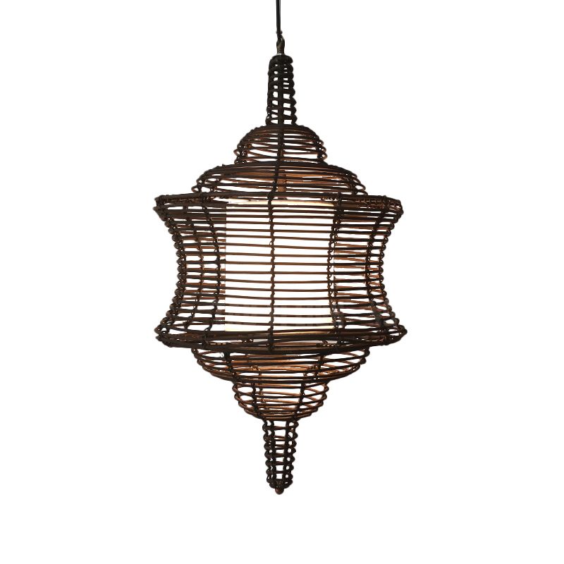 Curvy Ceiling Lamp Asia Rattan 1 Bulb Coffee Hanging Pendant Light with Inner White Tubular Shade