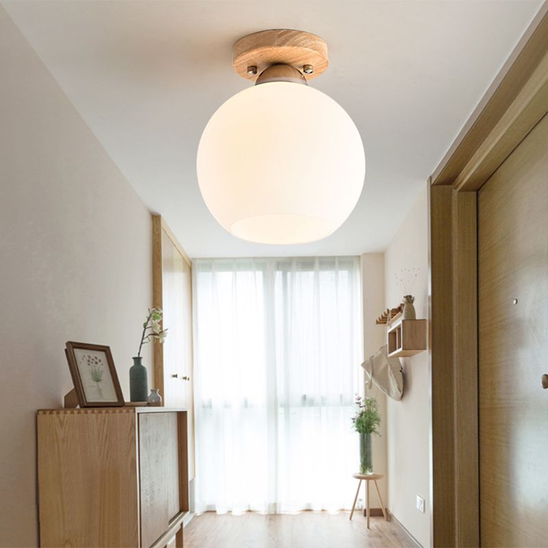 Shaded Entryway Flush Mount Lighting White Glass Nordic LED Flush Ceiling Light Fixture with Wooden Canopy