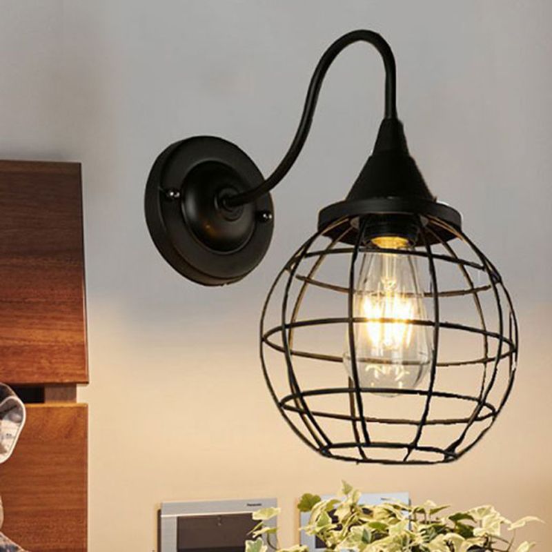 Rustic Style Ball Cage Wall Lighting with Gooseneck Arm 1 Bulb Iron Wall Sconce in Rust/Black Finish