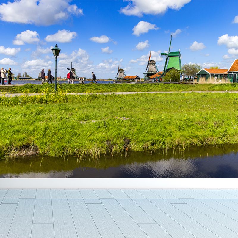 Relaxing Windmill and Cloud Mural Decal for Living Room, Blue, Custom Size Available