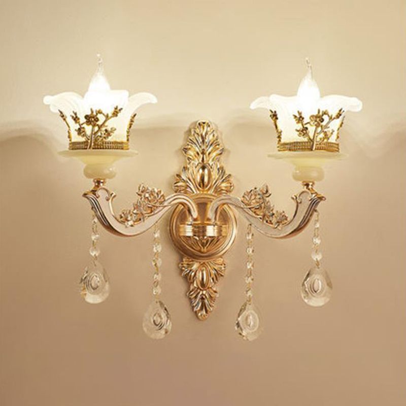 Imitation Jade Gold Wall Mount Light Bud Traditional Wall Light Fixture with Crystal Draping