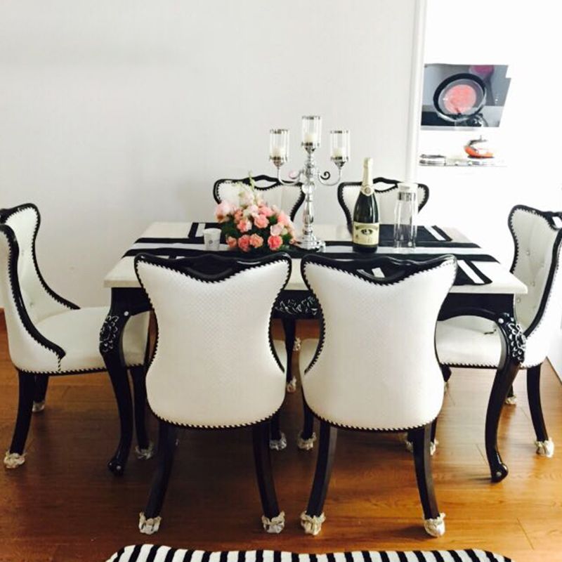 Victorian Style Marble Dining Set with White Table and 4 Black Legs Base for Home Use