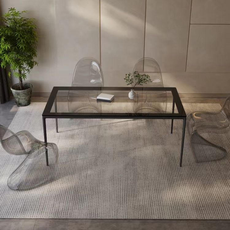 Rectangular Dining Table Glass Tabletop with Black Aluminum Legs