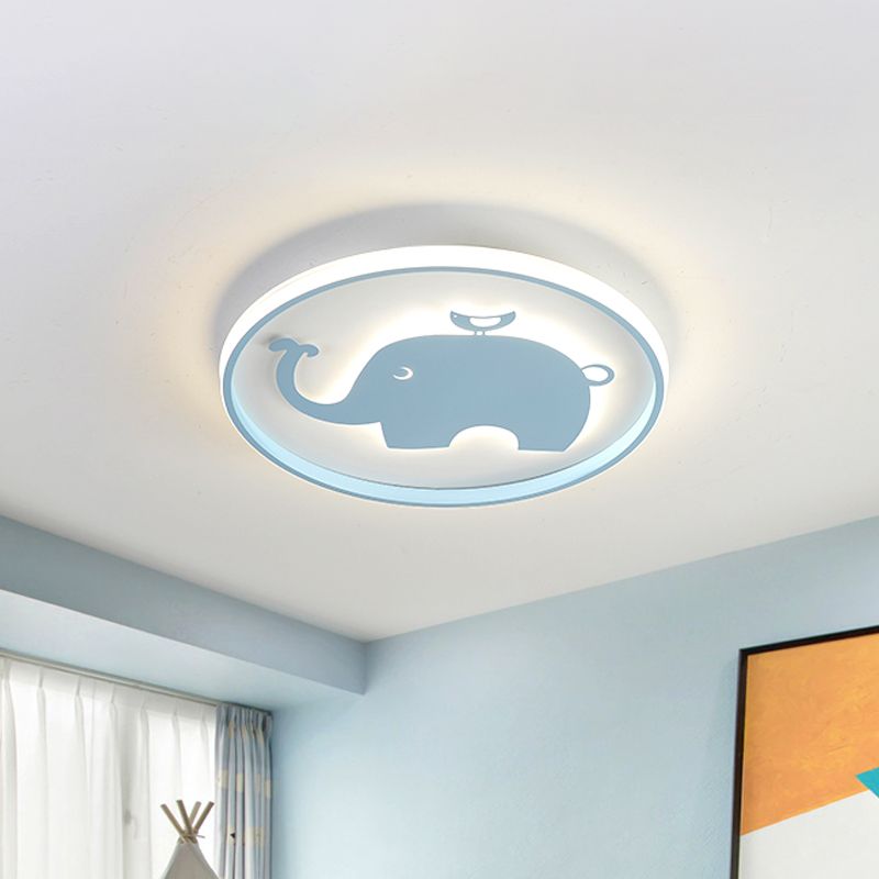 Ring-Flush-Lampe mit blau/rosa Pferd/Elefant-Design, Metall-LED-Cartoon-Deckenleuchte für Kinder