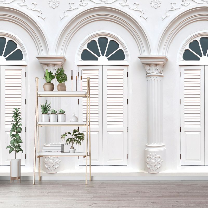 White Arched Window Wallpaper Mural Waterproof Contemporary Living Room Wall Art