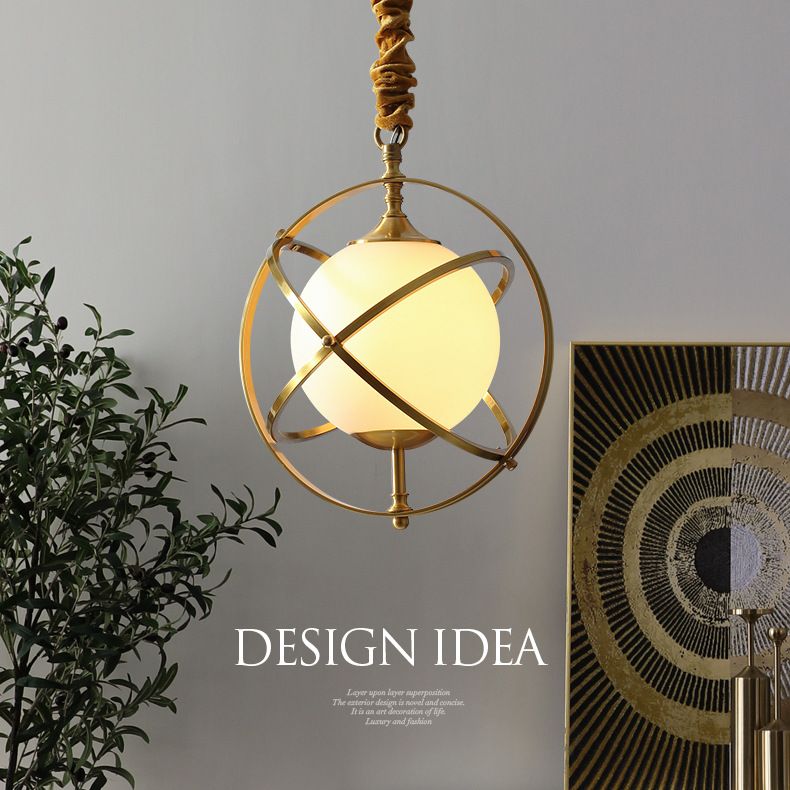 11" Wide Full Copper Triple Rings Lighting Pendant White Glass Shade Suspension Lamp in Gold