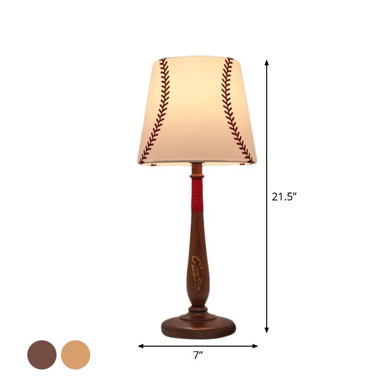 Conical Fabric Table Light Modernism 1-Light Brown/Wood Nightstand Lamp with Baseball Design