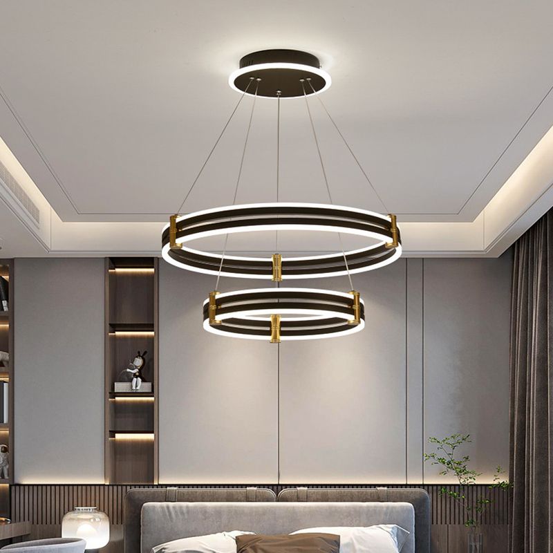 Black Tiered Round Chandelier Minimalist Acrylic LED Suspension Light for Living Room