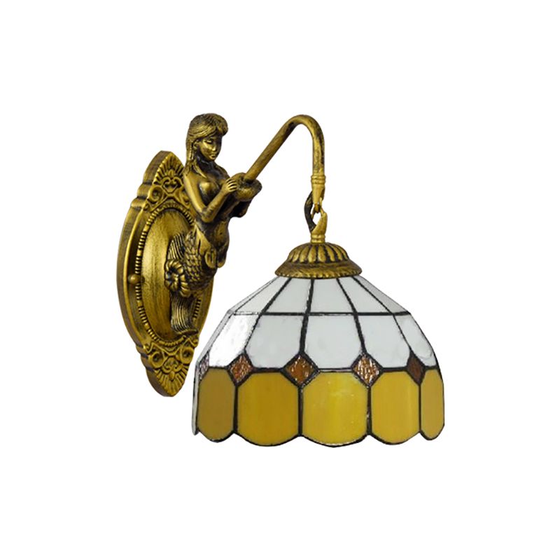 Grid Patterned Sconce Light Baroque Yellow and White Glass 1 Head Brass Wall Mount Light