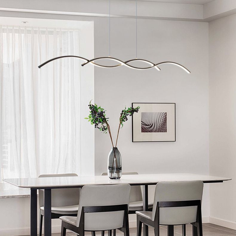 Minimalism LED Island Light Fixture Waves Copper Hanging Lamp for Dining Room