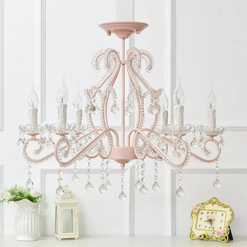 Bambini lampadari della camera da letto, lampada a soffitto MacAron a 6 luci con candela e decorazione di cristalli trasparenti