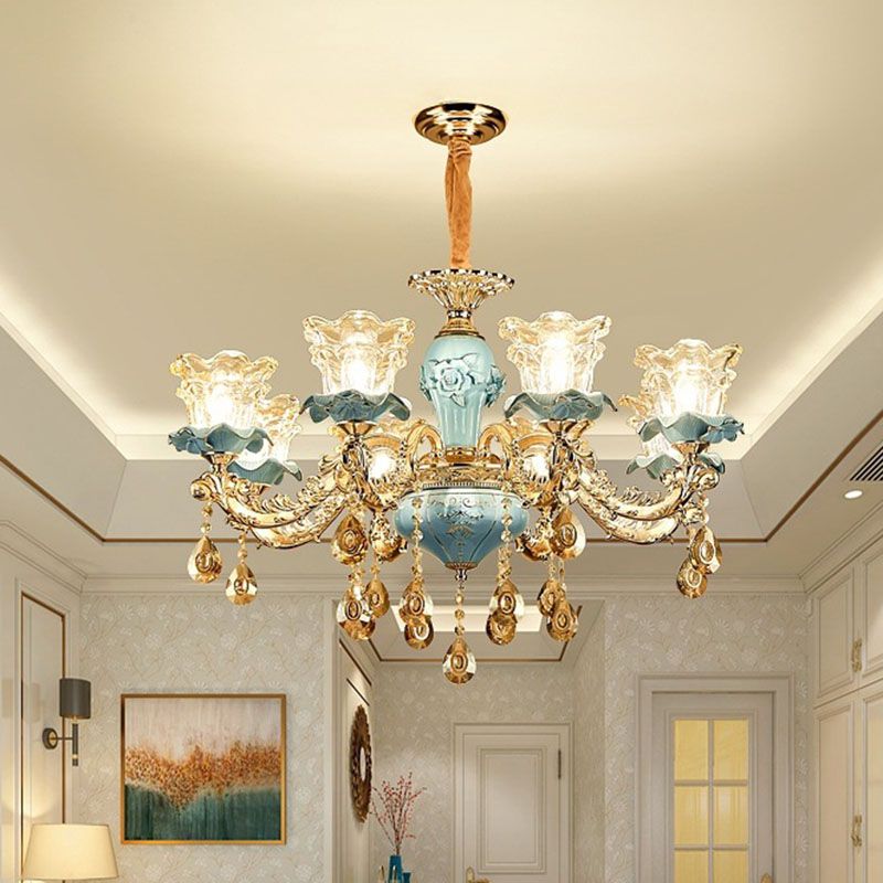 Floral Blown Clear Glass Chandelier Lamp Minimalist Gold Suspension Pendant Light for Living Room