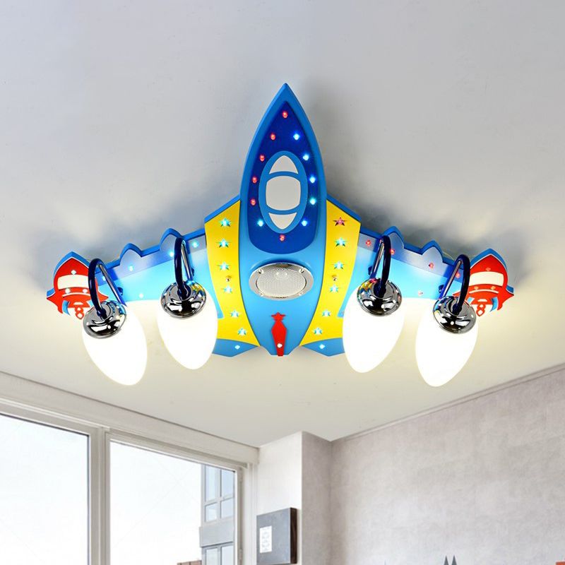 Plafonnier en forme d'avion de dessin animé, verre dépoli, 4 lumières, plafonnier pour chambre d'enfant, bleu
