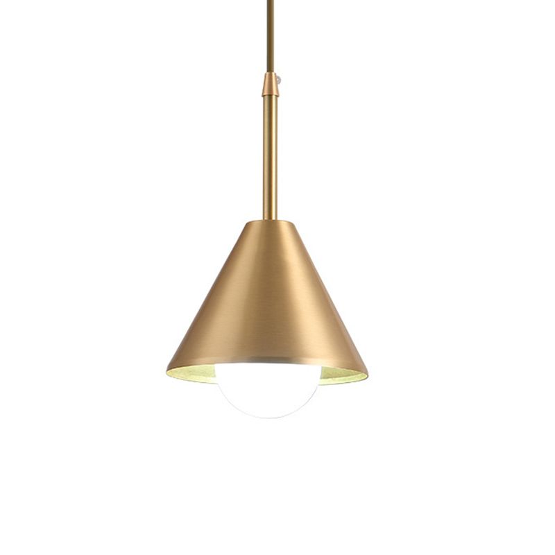 Mid Century Cone Metal Pendant Light Single-Bulb Ceiling Suspension Lamp in Brass over Dining Table