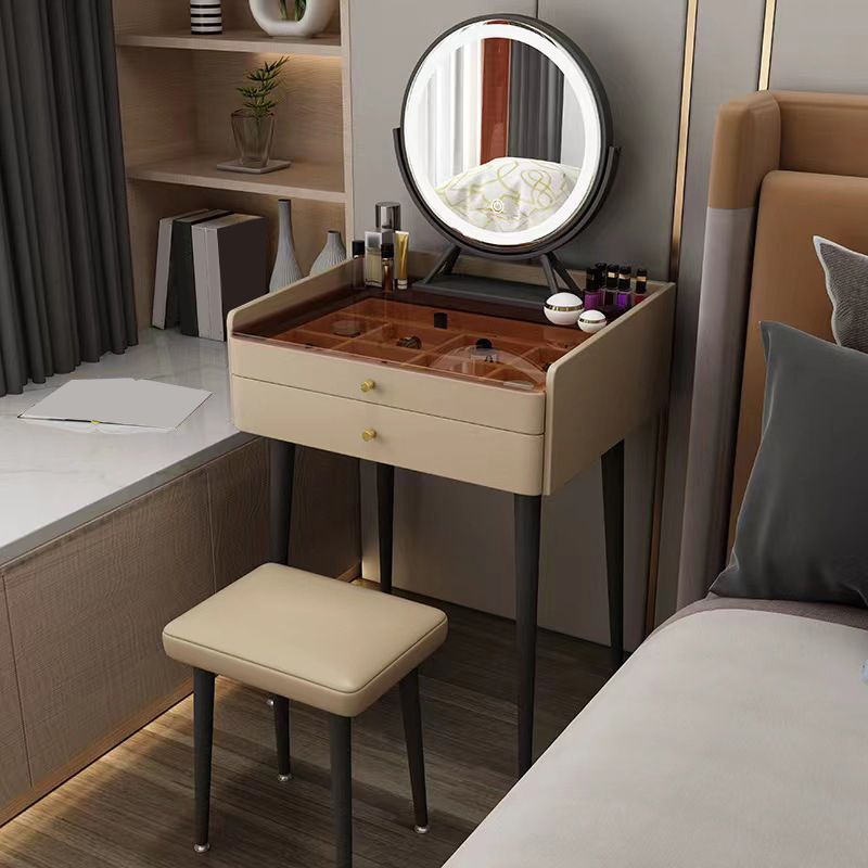 2 Storage Drawers Vanity Set Glass Top Jewelry Dressing Table with Padded Stool