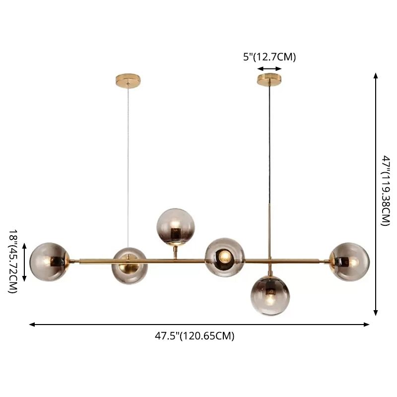 6 Light Modern Gold Metal Island Pendant Lighting Spherical Smoke Glass Island Ceiling Light for Dining Table
