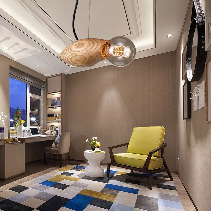Open Bulb Restaurant Hanging Light Wooden Single Light Contemporary Pendant Light Fixture