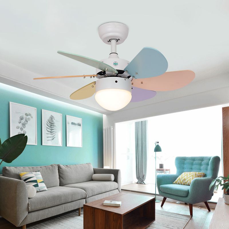 Macaron LED Pendant Fan Lamp Domed 6-Blade Semi Flush Light with White Glass Shade