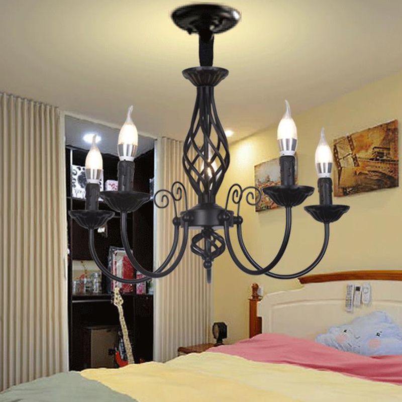 Black/White Swooping Arm Chandelier Lamp Traditional Metal 3/4/5 Lights Living Room Hanging Light