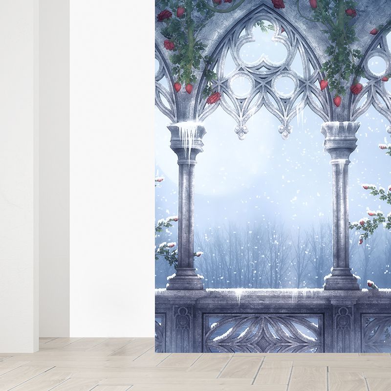 Modern Winter Flower Print Mural Decal Grey Decorative Wall Covering for Dining Room