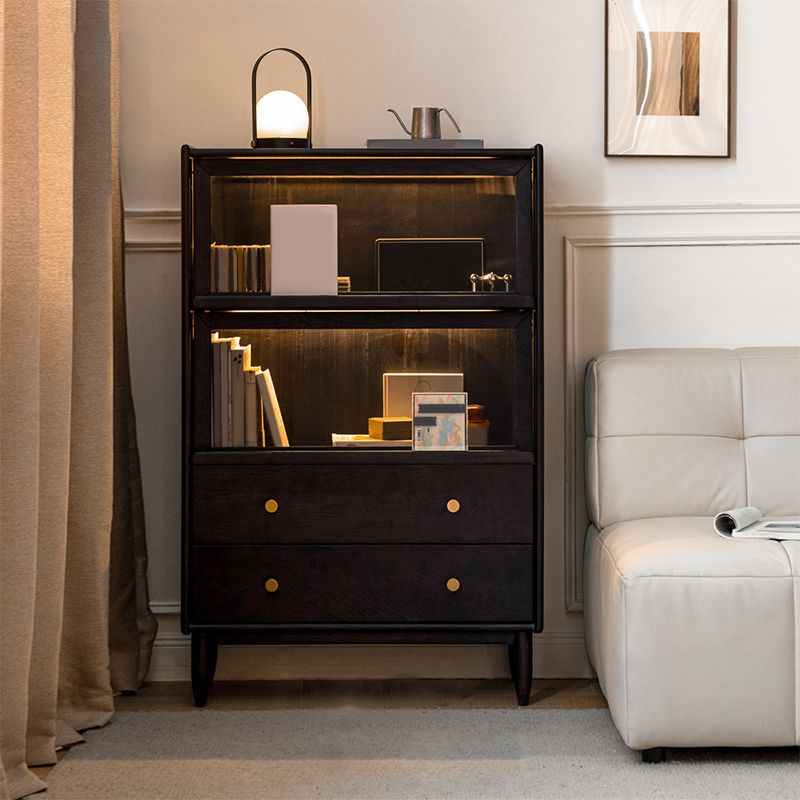 Black Solid Wood Curio Cabinet Modern Glass Doors with Lighting