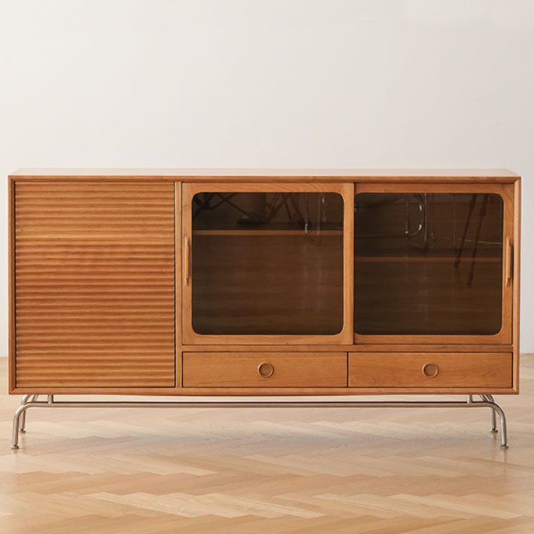 Contemporary Pine Display Stand Glass Doors Storage Cabinet with Doors