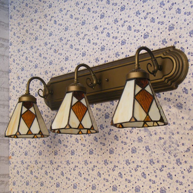Beige Glass Conical Sconce Light Tiffany 3 Heads Antique Bronze wall Light Fixture