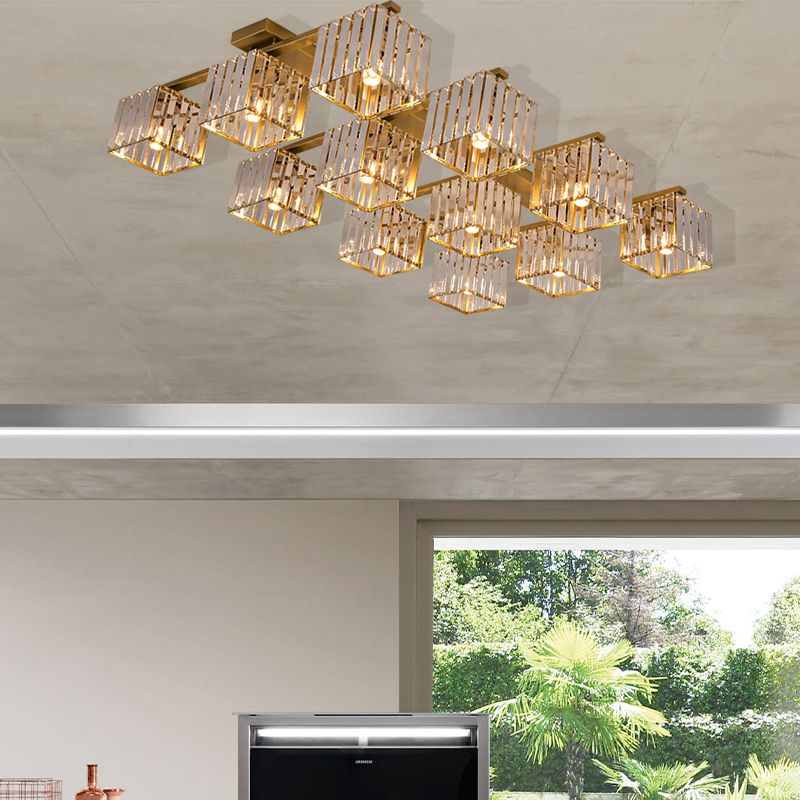 Accesorio de techo para sala de estar, barra de cristal de tres lados, cuadrado moderno, semiempotrado, 4/6/9 luces, en dorado/negro