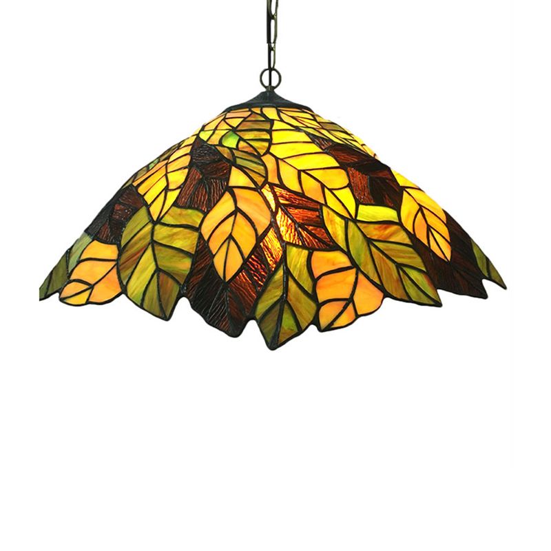 Yellow Cone Drop Pendant Baroque 1-Bulb Stained Art Glass Hanging Ceiling Light with Leaf Pattern
