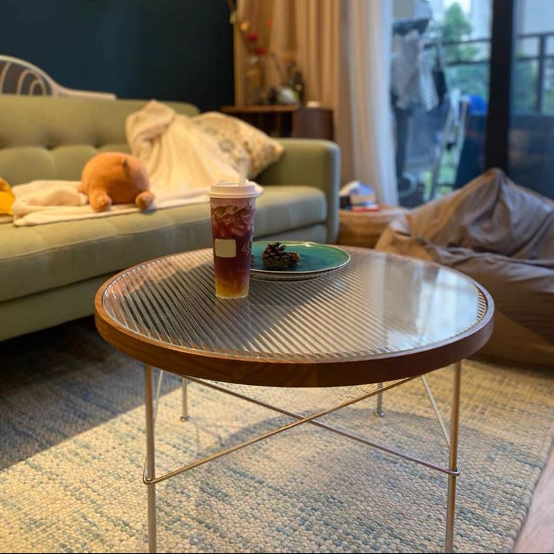 Modern Cross Legs Coffee Table Round Glass Top Coffee Cocktail Table for Living Room