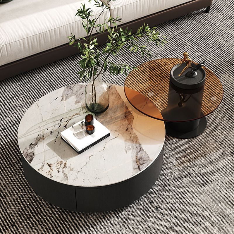 Modern Style Slate Grey/white Top Black Wood Base Round Coffee Table