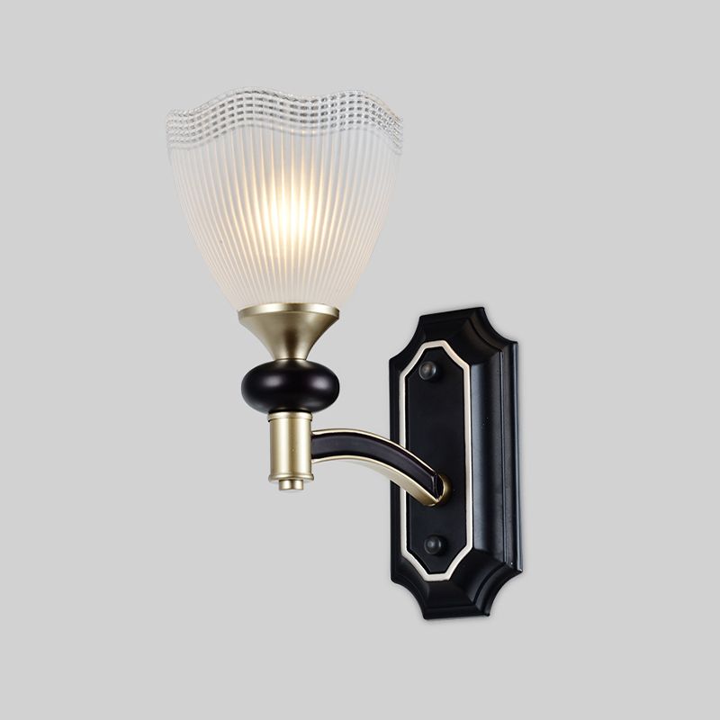 Traditionalism Flower Wall Light 1/2-Bulb Prismatic White Glass Wall Sconce Lamp in Black