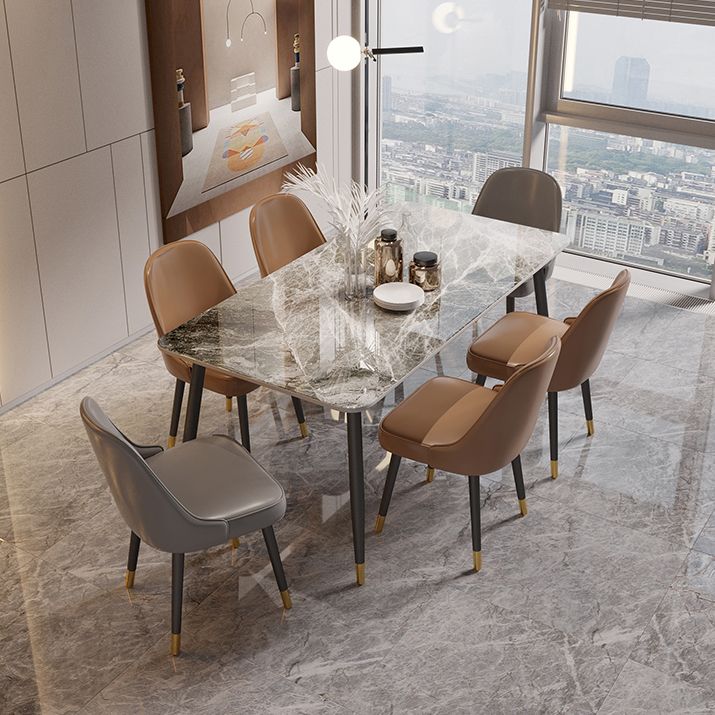 Contemporary Rectangle Stone Table for Restaurant Black Metal Pedestal Dining Table