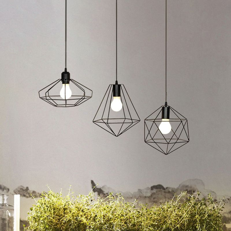Farmhouse Wire Cage Ceiling Fixture 3 Lights Iron Pendant Light Fixture with Different Shade in Black