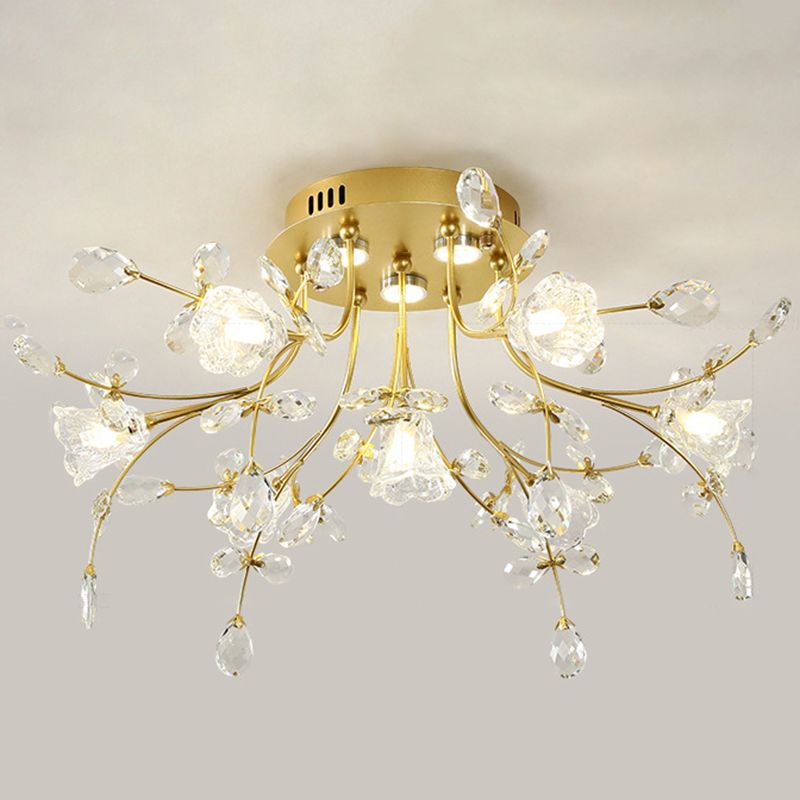 Contemporary Flower-Shaped Flush Light Crystal Flush Mount Ceiling Fixture in Gold