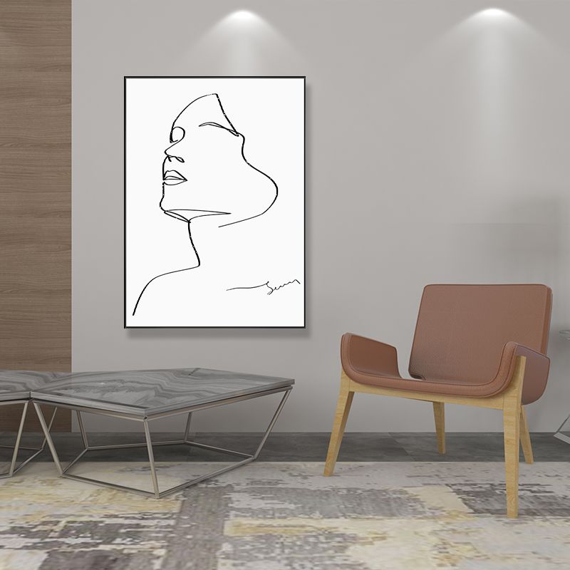 Pencil Sketch Woman Canvas Art Textured Minimalism Girls Bedroom Wall Decor in White