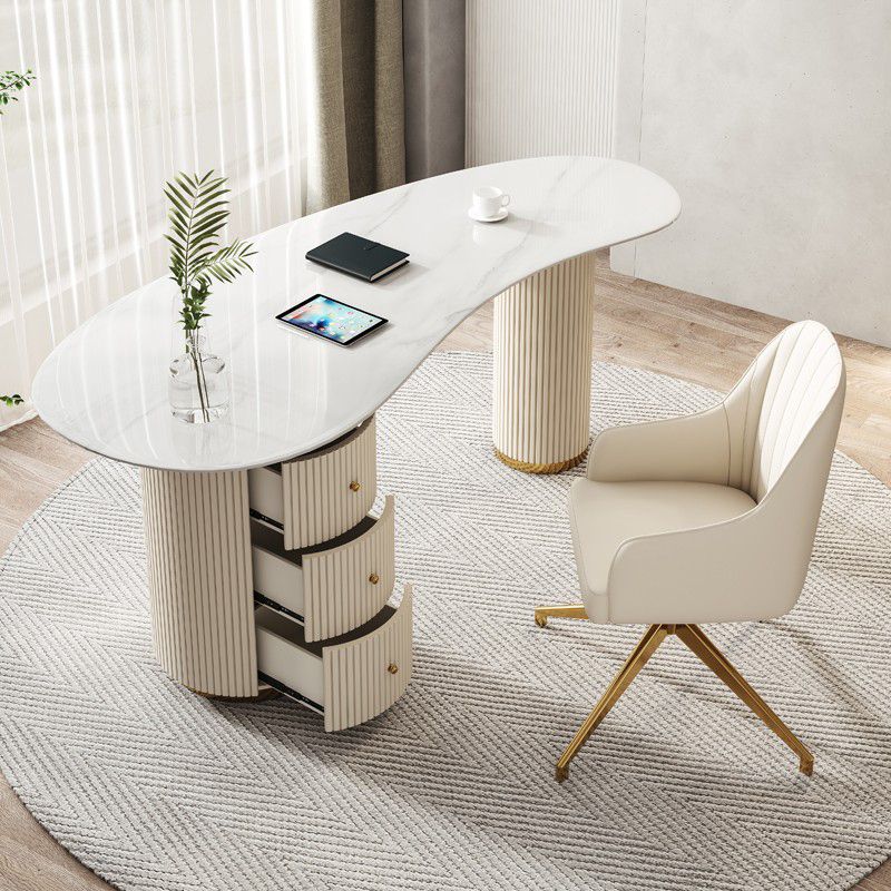 Glam Irregular Shaped Writing Desk Sintered Stone Desk with Three Drawers