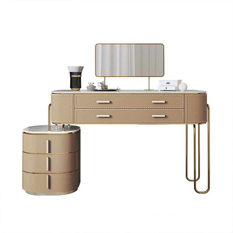 Mirrored Makeup Dressing Table Luxurious Stone Top Stool Set in Brown