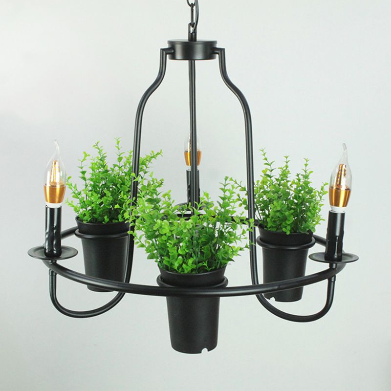 Green Artificial Pot Plant Pendant Lighting Industrial Metal 3 Bulbs Restaurant Chandelier