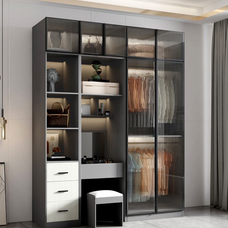 Glass and Wood Wardrobe Cabinet Modern Hinged Wardrobe Armoire