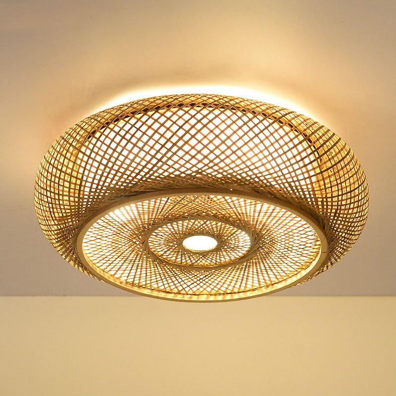 Wooden Circular Ceiling Light in Asian Simplicity Weave Bamboo Flush Mount for Corridor