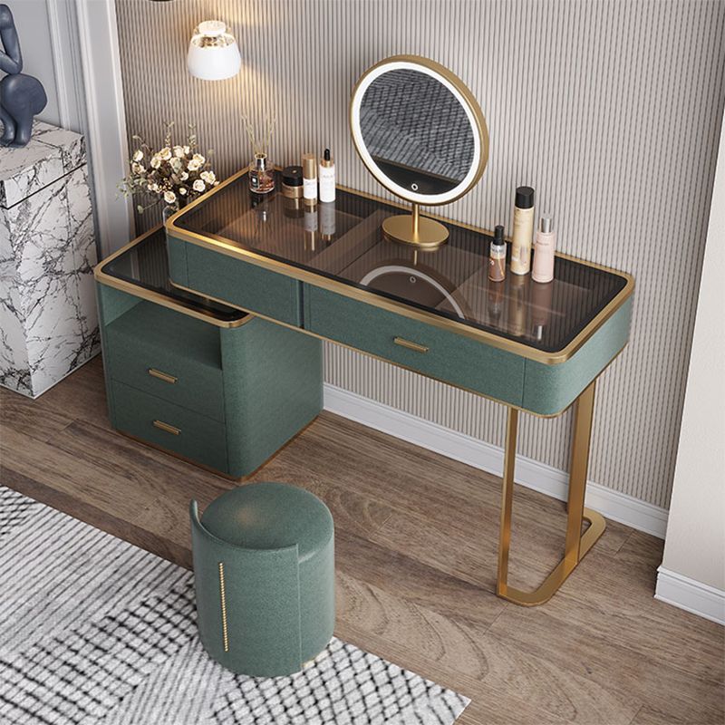 Glass Top Vanity Table 2-Drawer Stool Vanity Set with Lights Mirror