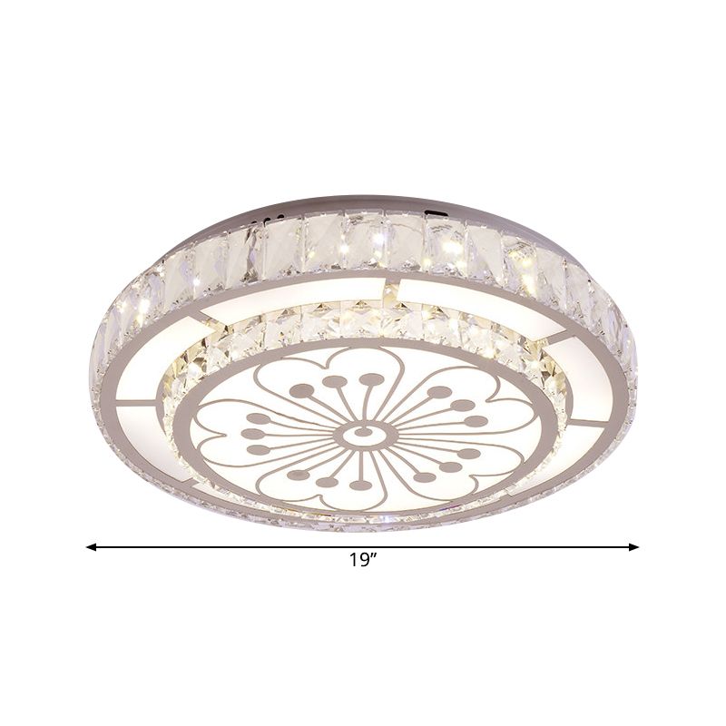 Chrome LED Round Flush Light Modernist Faceted Crystal Ceiling Mounted Fixture with Flower Pattern