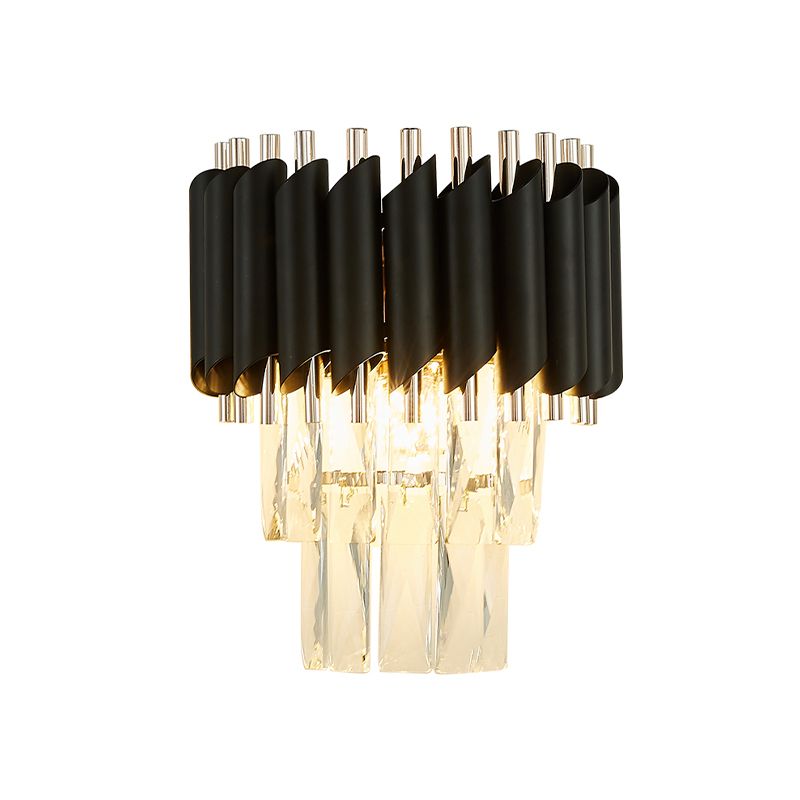 Contemporary Layered Wall Lighting 2-Light Clear K9 Crystal Wall Sconce Light Fixture in Black