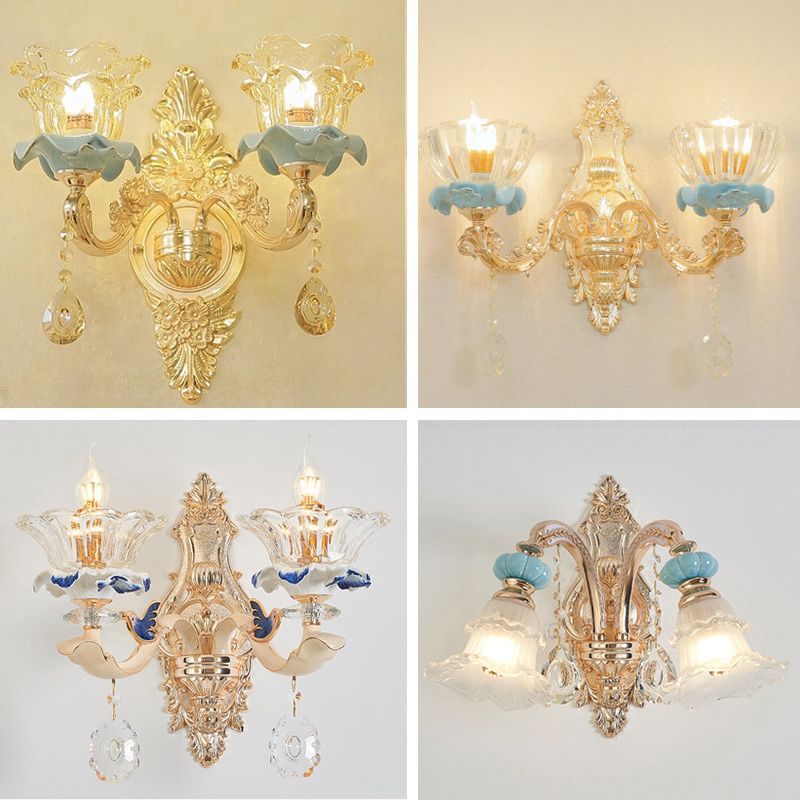 Glass Gold Wall Mount Light Ruffle Flower Retro Wall Lighting with Crystal Draping
